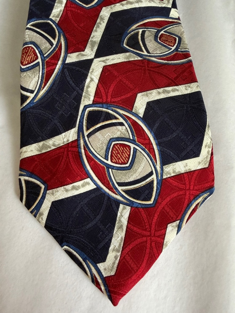 Geoffrey Beene Red, Navy and Silver Geometric Silk Tie - Picture 6 of 6